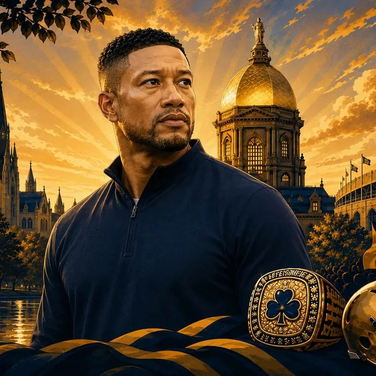 Illustrated tribute artwork of Coach Marcus Freeman in a navy quarter-zip, with a golden dome, a church spire and a stadium behind him at sunset