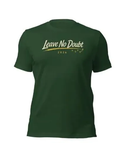 Forest green t-shirt with Leave No Doubt in cream script across the chest, a gold play-diagram underline, and 2026