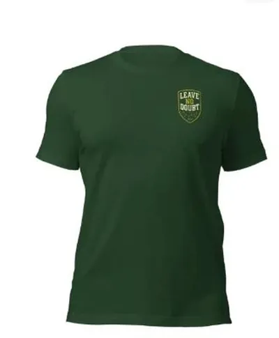 Forest green t-shirt with a small Leave No Doubt shield badge on the left chest