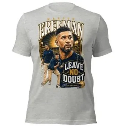 Heather gray t-shirt with an illustrated Marcus Freeman portrait poster in navy and gold, with the words Leave No Doubt