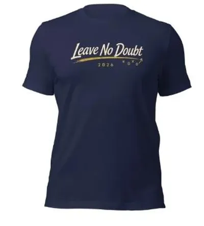 Navy t-shirt with Leave No Doubt in cream script across the chest, a gold play-diagram underline, and 2026