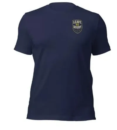 Navy t-shirt with a small Leave No Doubt shield badge on the left chest
