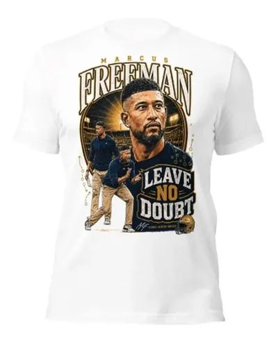 White t-shirt with an illustrated Marcus Freeman portrait poster in navy and gold, with the words Leave No Doubt
